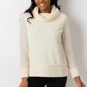 Sail To Sable Cream Sparkle Knit Cowl Neck Sweater Pullover Classy Preppy Medium